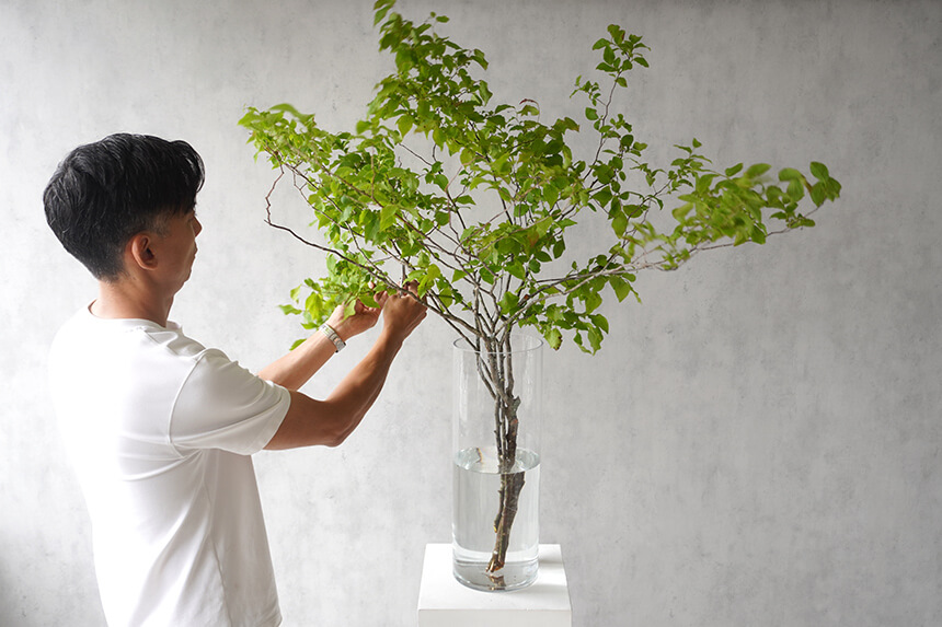 枝ものを花瓶に活けている様子