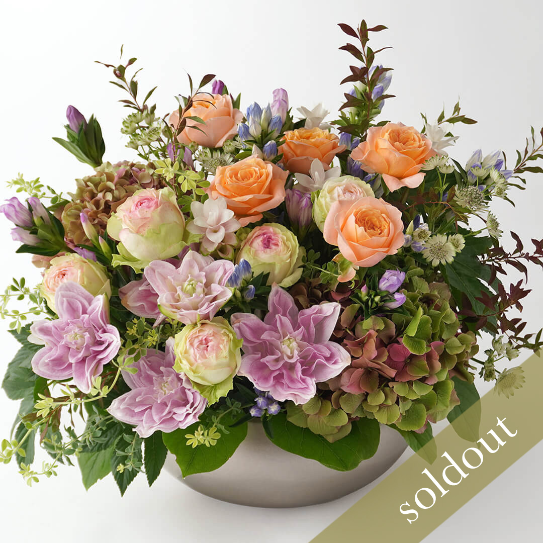 【敬老の日】オレンジのバラやハイドランジアのアレンジメント