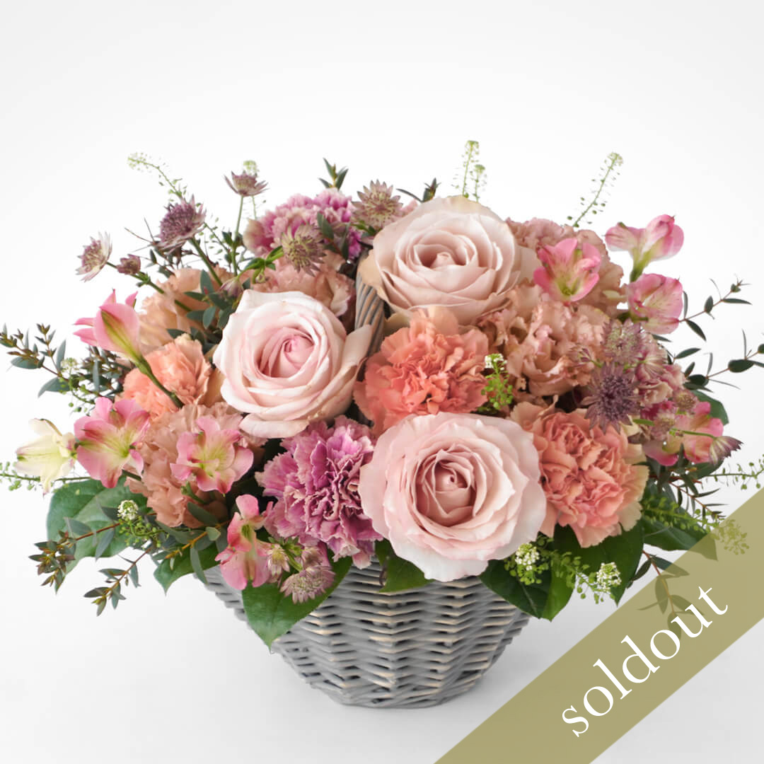 【母の日】複色のカーネーションに、淡いピンクの大輪バラのアレンジメント