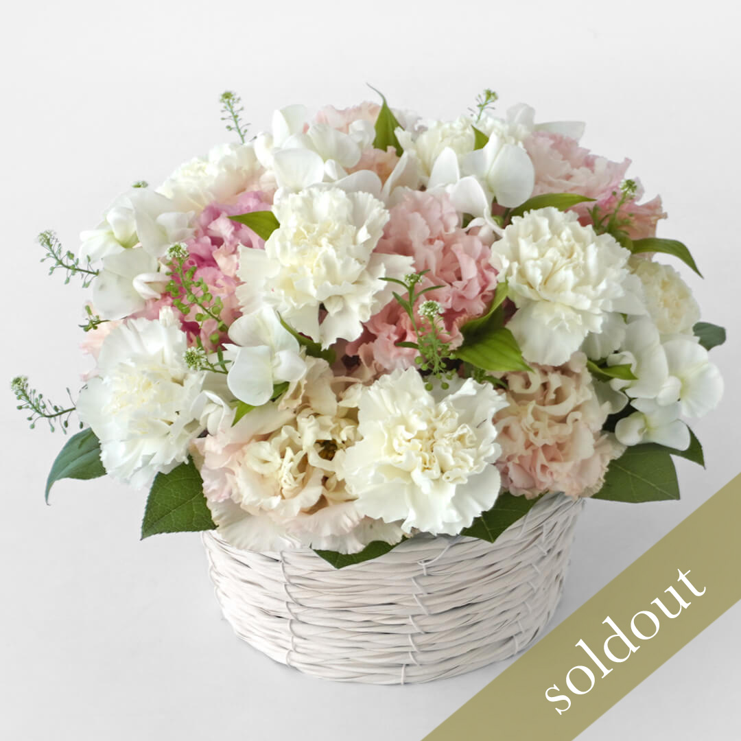 【母の日】白いカーネーション、淡いピンクのトルコキキョウのお供えアレンジメント