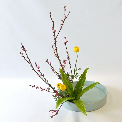 花桃いけばな花材＜桃・玉羊歯・ラナンキュラス＞