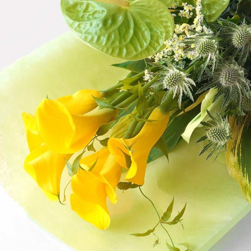 【父の日】黄色いカラーと淡いブルーとグリーンのアジサイの花束