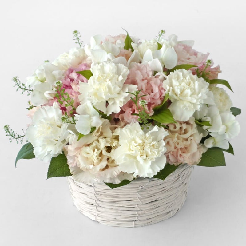 【母の日・お供え】白いカーネーションと淡いピンクのトルコキキョウのお供えアレンジメント