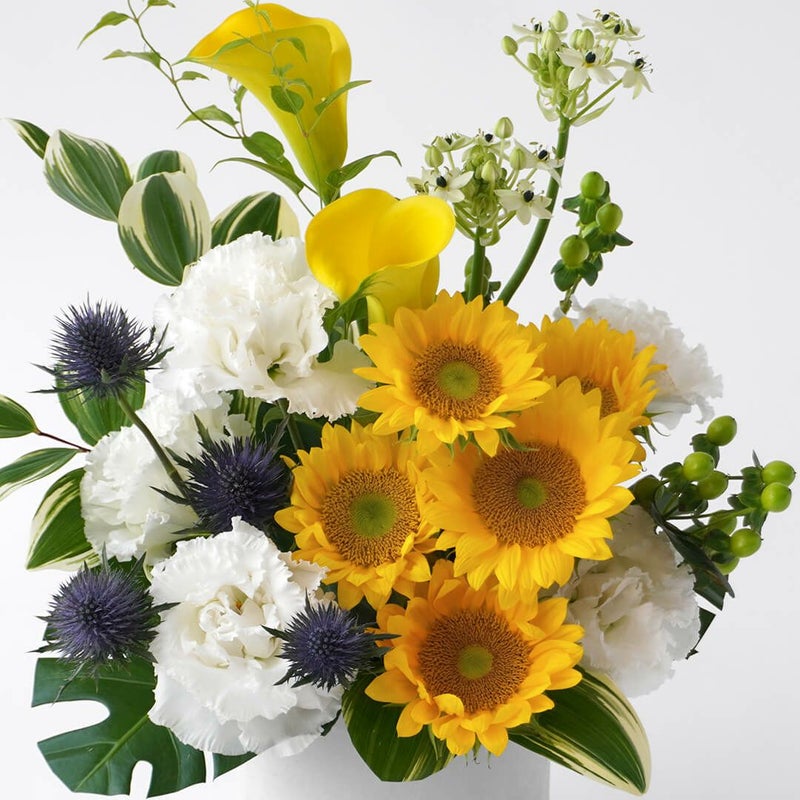 ヒマワリと黄色いカラーのアレンジメント