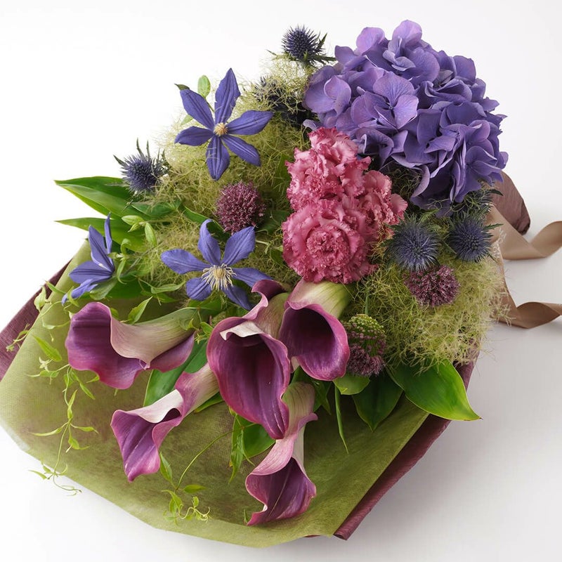 【父の日】ワインレッドのカラーと紫のハイドランジアの花束