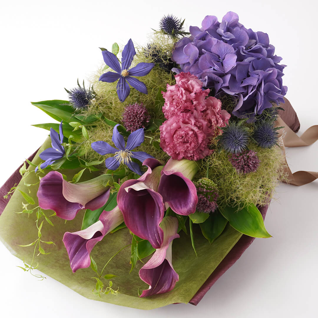 【父の日】ワインレッドのカラーと紫のハイドランジアの花束
