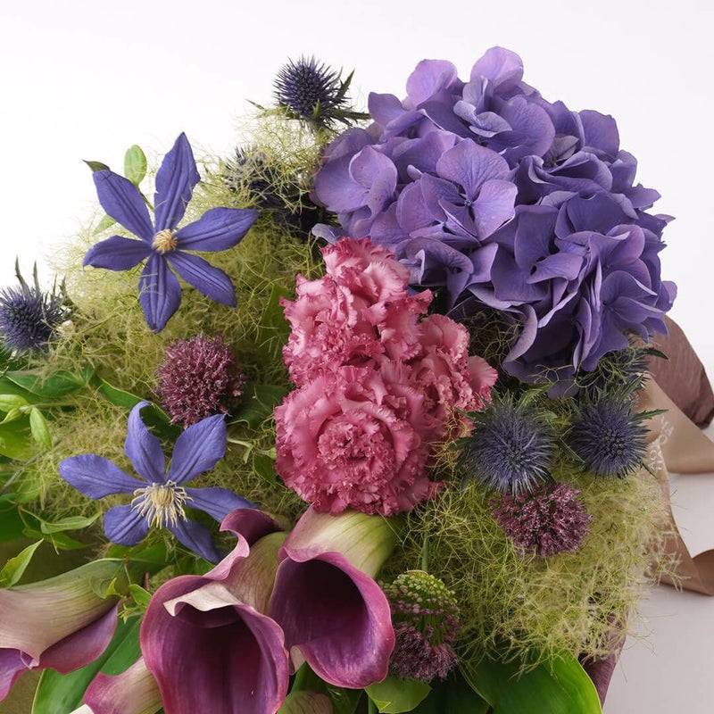 【父の日】ワインレッドのカラーと紫のハイドランジアの花束