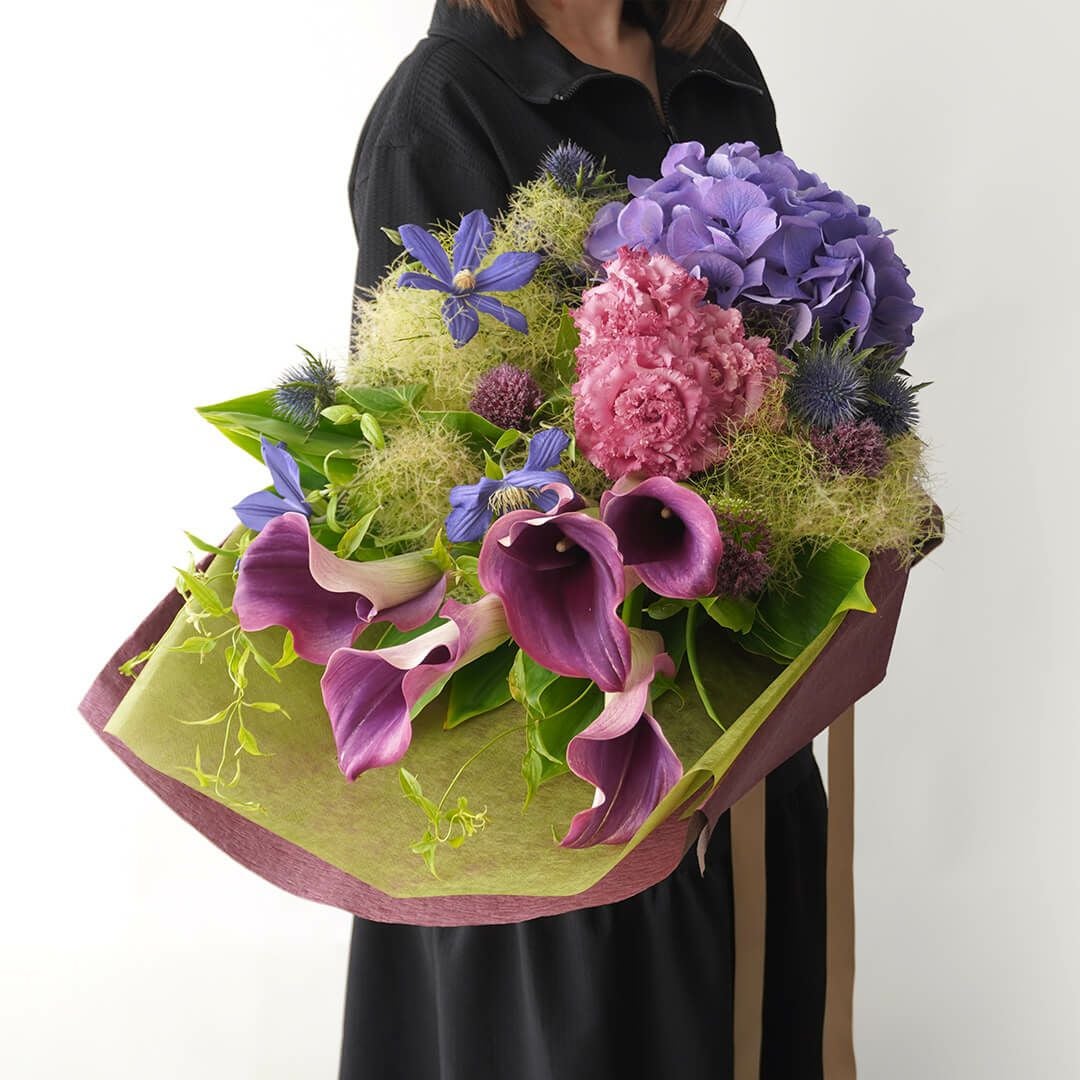 【父の日】ワインレッドのカラーと紫のハイドランジアの花束