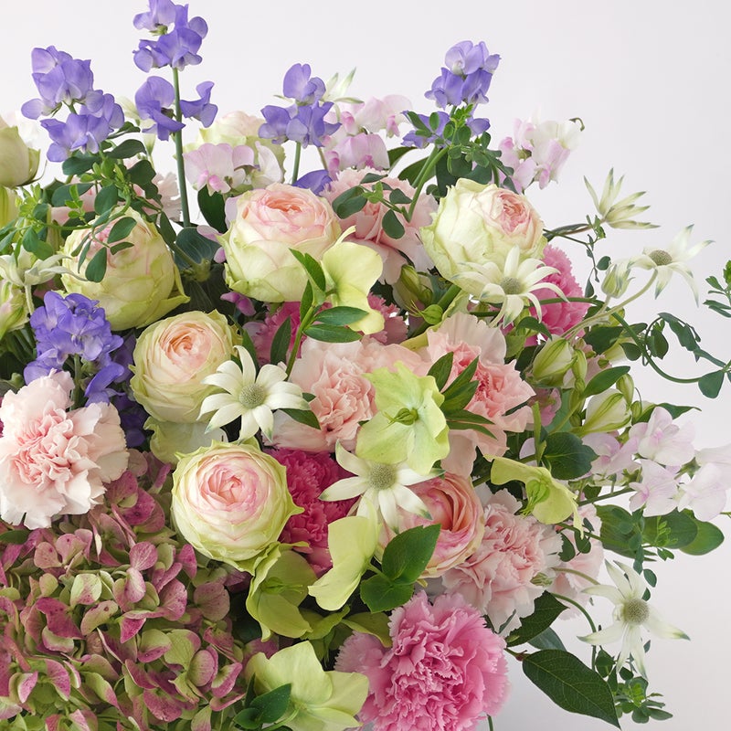 【母の日】淡いピンクから淡いグリーンに広がるグラデーションが美しいバラとカーネーションのアレンジメント