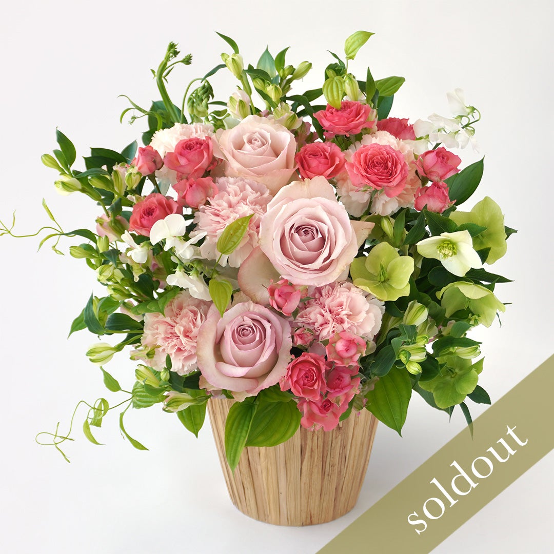 【母の日】淡いピンクの大輪バラとカーネーションのアレンジメント