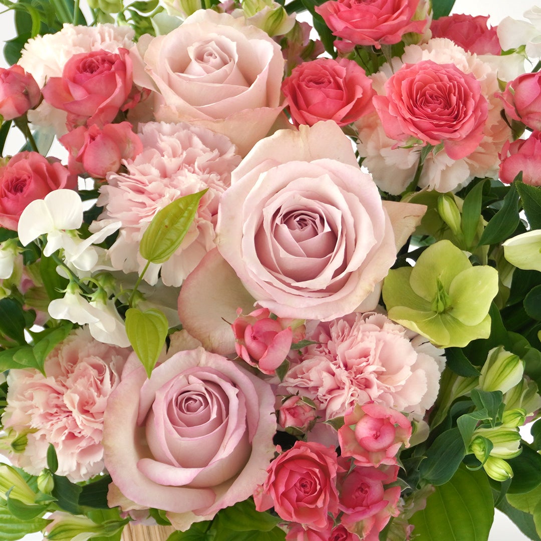 【母の日】淡いピンクの大輪バラとカーネーションのアレンジメント