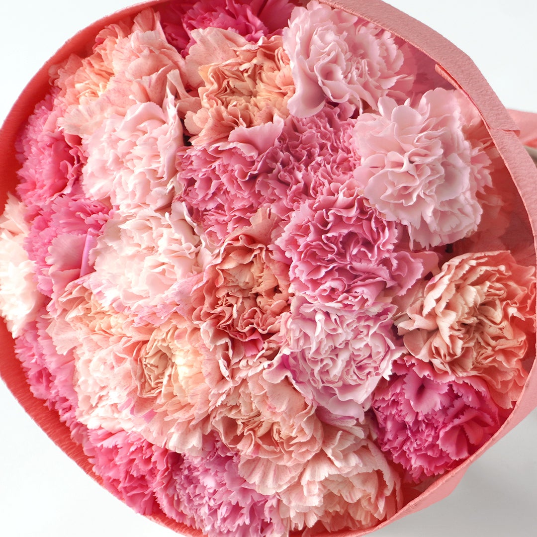 【母の日】ピンクの濃淡が華やかなラウンドスタイルのカーネーションブーケ