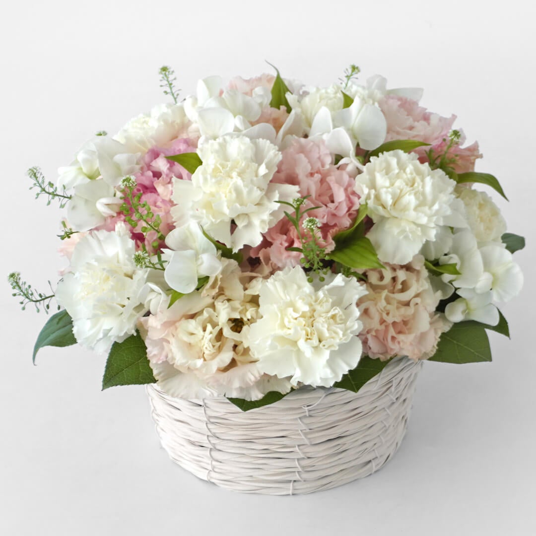 【母の日・お供え】白いカーネーションと淡いピンクのトルコキキョウのお供えアレンジメント