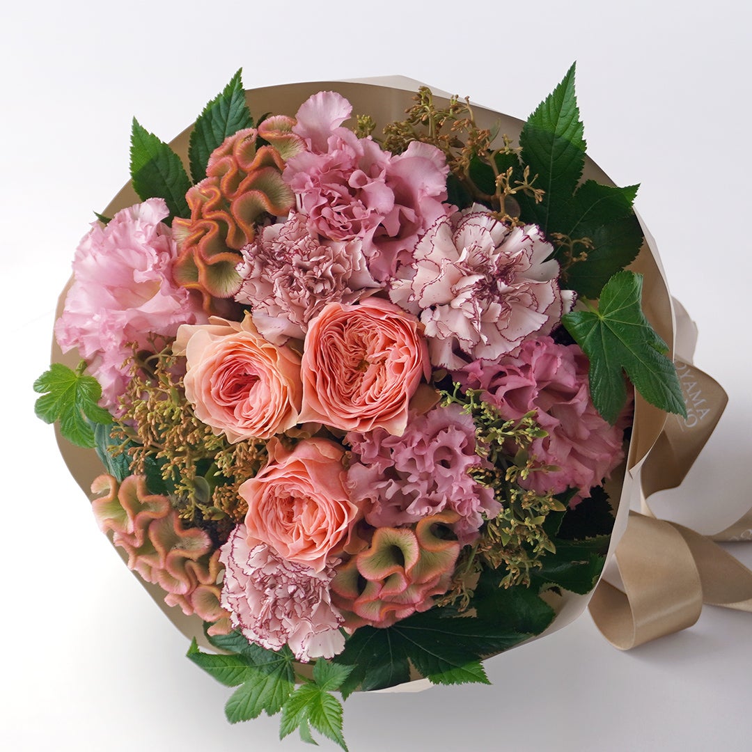 【敬老の日】サーモンピンクの大輪バラとトルコキキョウの花束
