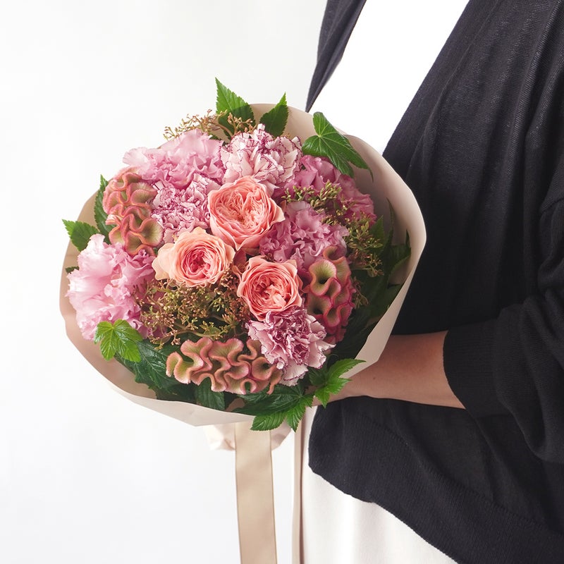 【敬老の日】サーモンピンクの大輪バラとトルコキキョウの花束