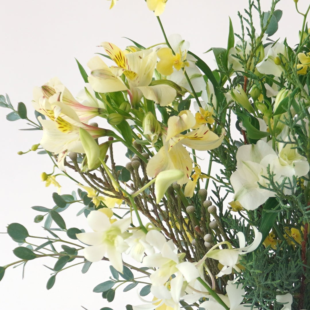 【クリスマス】白や淡い黄色の花々に、季節感のあるリーフを合わせた花束